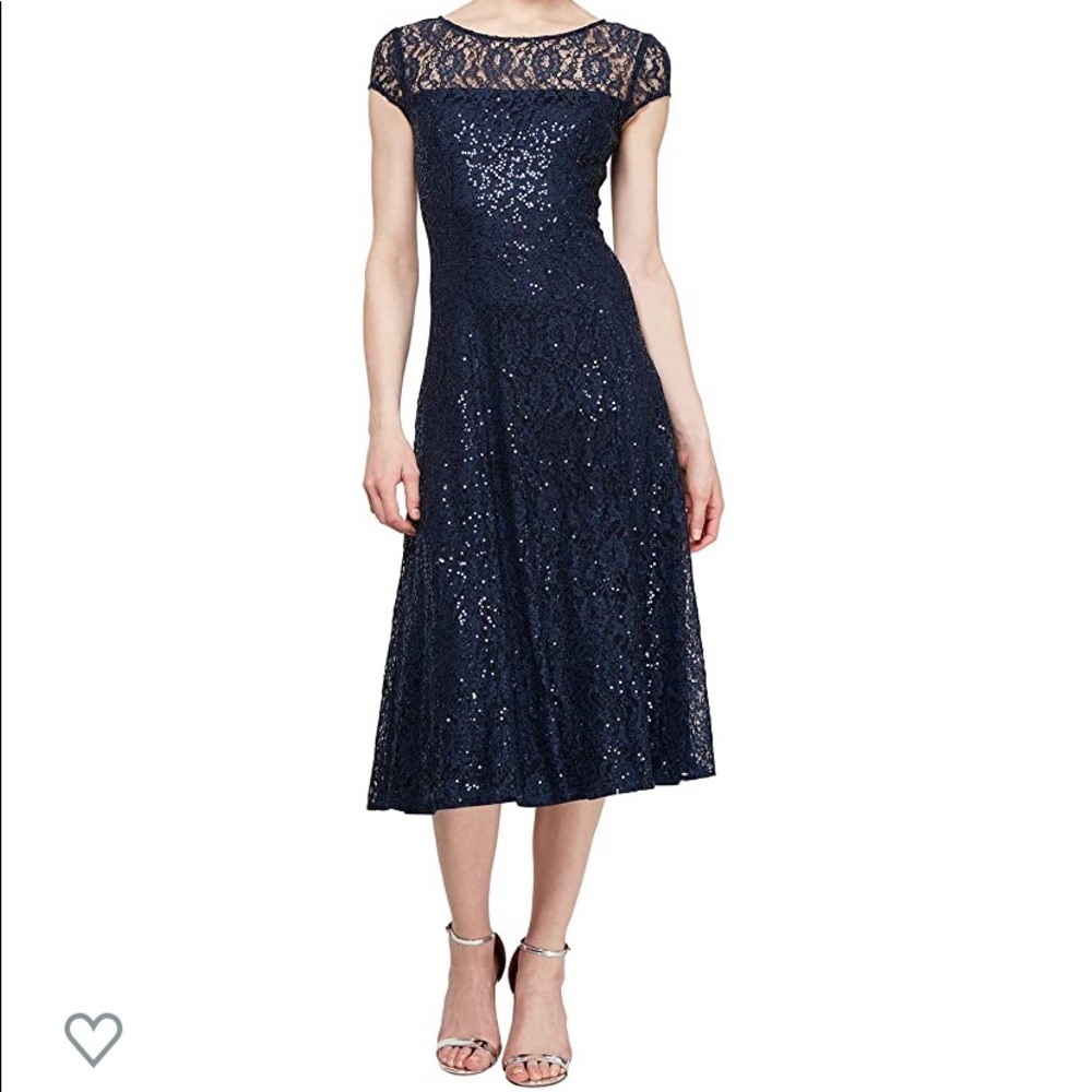 SLNY sequin lace fit and flare cocktail dress